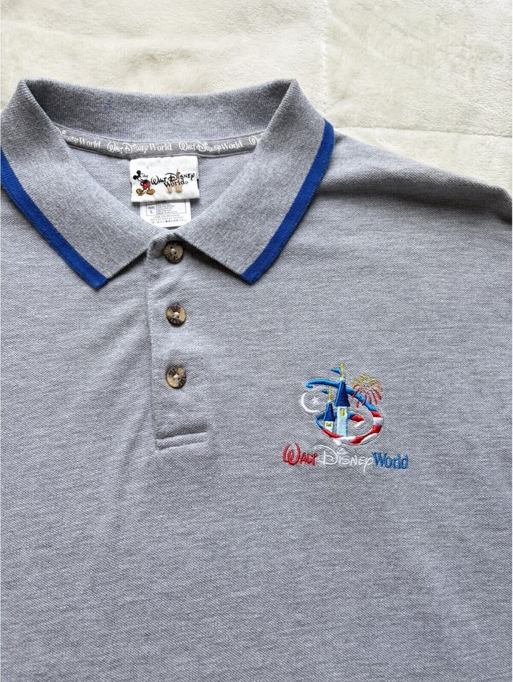 Vintage Walt Disney World Polo Shirt Mens L Gray Magic Kingdom Logo Embroidered